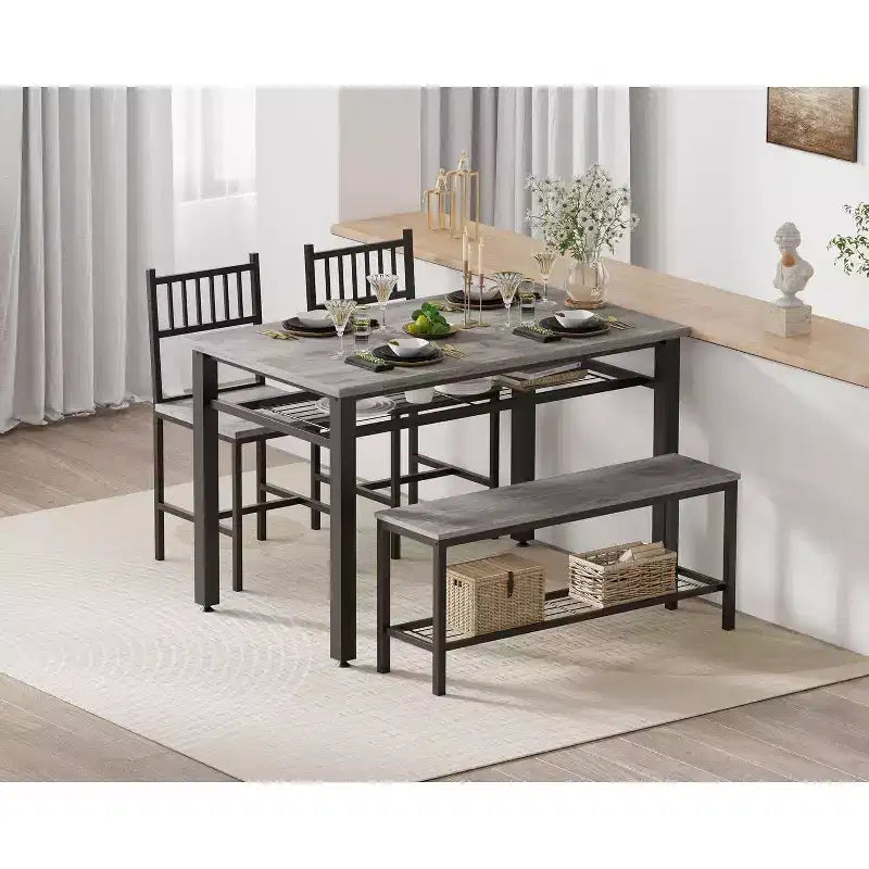 47 Modern Farmhouse Set da Pranzo per 4, Include Panca e Sedie, Struttura in Metallo con Ripiano, Design Salvaspazio per Cucina, Sala da Pranzo