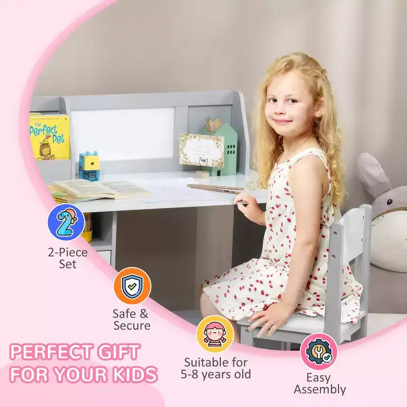 Set scrivania e sedia per bambini e neonati, scrivania da studio per bambini, mobili per bambini con lavagna - Grigio