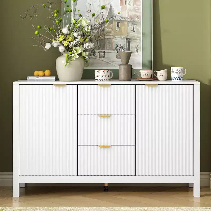 Credenza con motivo a onde - 3 ripiani regolabili, 3 cassetti e ante con chiusura ammortizzata, mobile consolle contenitore con maniglie in metallo