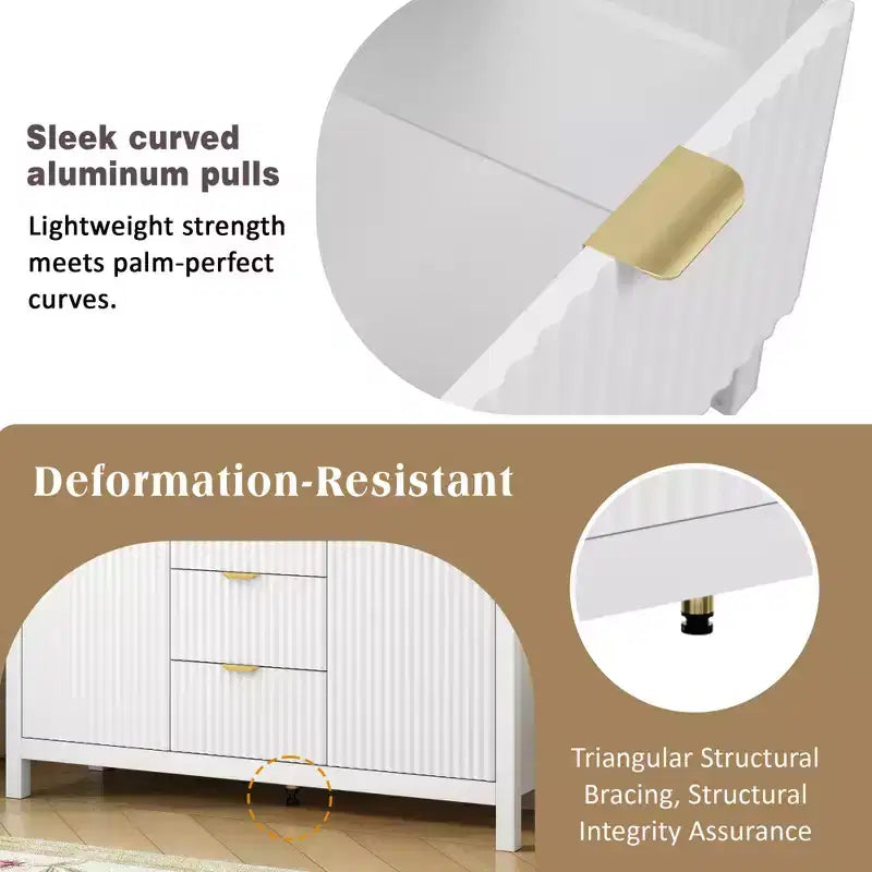Credenza con motivo a onde - 3 ripiani regolabili, 3 cassetti e ante con chiusura ammortizzata, mobile consolle contenitore con maniglie in metallo