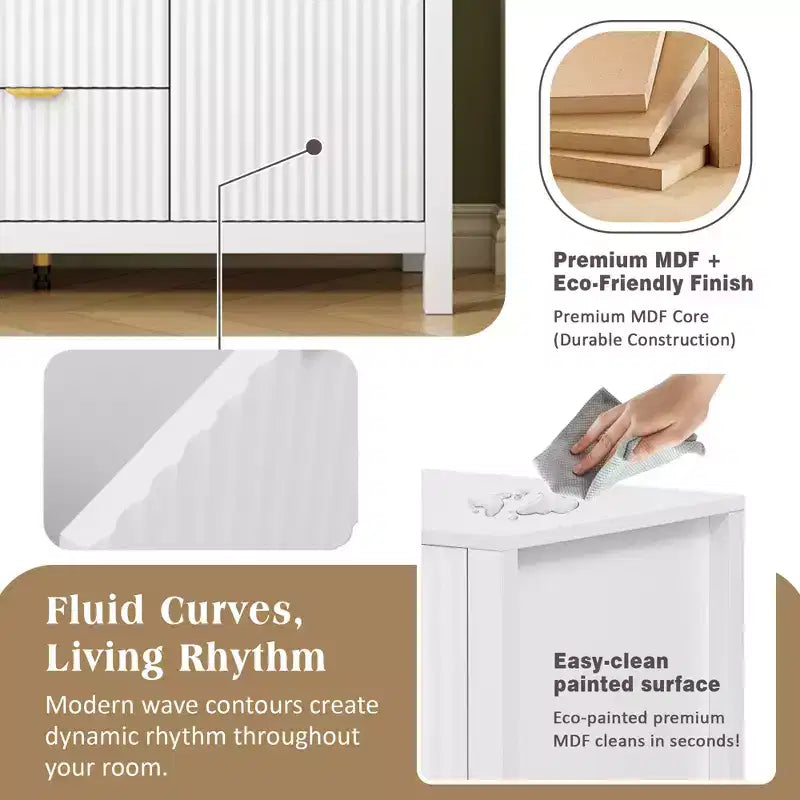 Credenza con motivo a onde - 3 ripiani regolabili, 3 cassetti e ante con chiusura ammortizzata, mobile consolle contenitore con maniglie in metallo