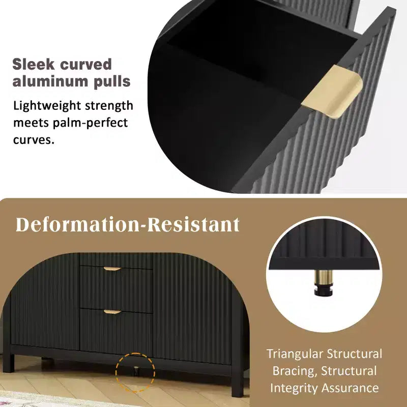 Credenza con motivo a onde - 3 ripiani regolabili, 3 cassetti e ante con chiusura ammortizzata, mobile consolle contenitore con maniglie in metallo