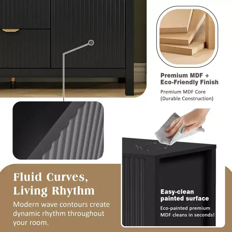 Credenza con motivo a onde - 3 ripiani regolabili, 3 cassetti e ante con chiusura ammortizzata, mobile consolle contenitore con maniglie in metallo