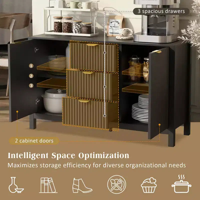 Credenza con motivo a onde - 3 ripiani regolabili, 3 cassetti e ante con chiusura ammortizzata, mobile consolle contenitore con maniglie in metallo