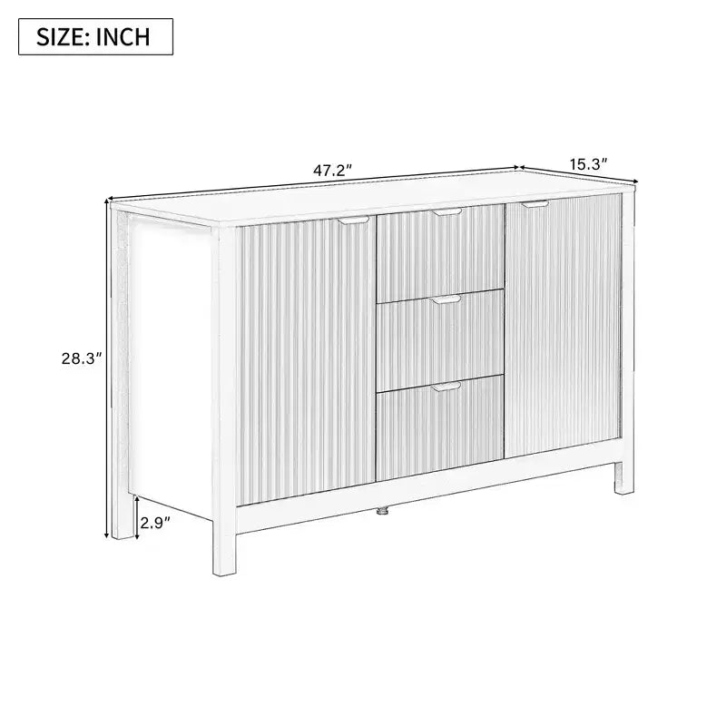 Credenza con motivo a onde - 3 ripiani regolabili, 3 cassetti e ante con chiusura ammortizzata, mobile consolle contenitore con maniglie in metallo