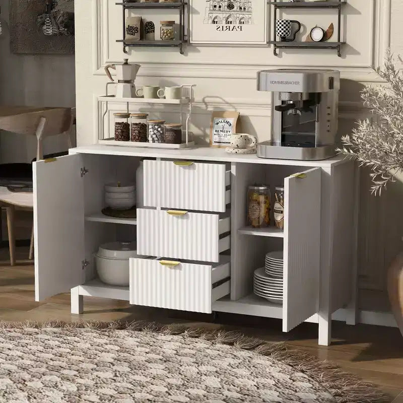 Credenza con motivo a onde - 3 ripiani regolabili, 3 cassetti e ante con chiusura ammortizzata, mobile consolle contenitore con maniglie in metallo