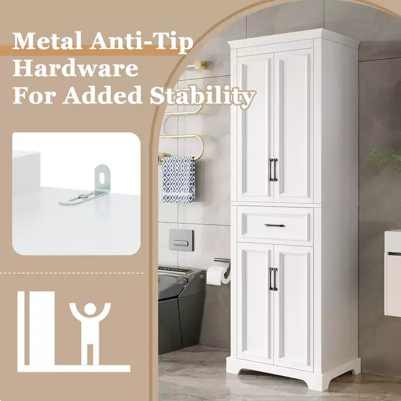 Mobiletto da Bagno Indipendente con Cassetto, Ripiani Regolabili, Ante con Cerniere Ammortizzate, Finitura Verniciata Durevole, Bianco - ModernLuxe