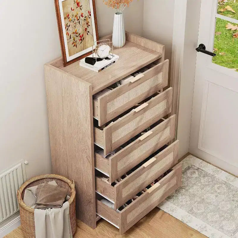 Comò Boho a 5 cassetti in rattan per camera da letto, cassettiera grande in legno, armadio contenitore per vestiti, organizer comodino per corridoio, soggiorno