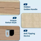 Comò Boho a 5 cassetti in rattan per camera da letto, cassettiera grande in legno, armadio contenitore per vestiti, organizer comodino per corridoio, soggiorno