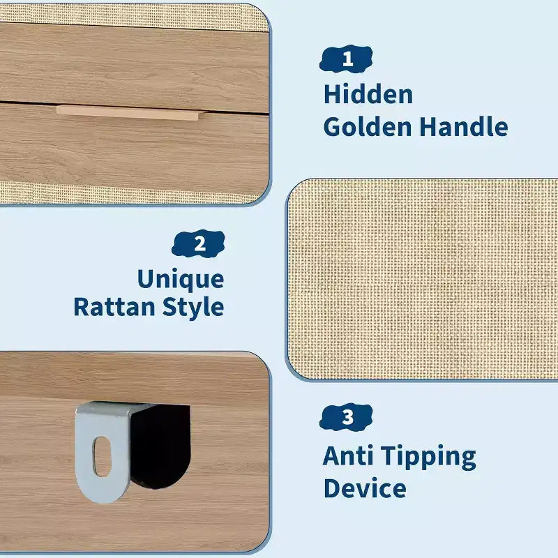 Comò Boho a 5 cassetti in rattan per camera da letto, cassettiera grande in legno, armadio contenitore per vestiti, organizer comodino per corridoio, soggiorno