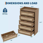 Comò Boho a 5 cassetti in rattan per camera da letto, cassettiera grande in legno, armadio contenitore per vestiti, organizer comodino per corridoio, soggiorno
