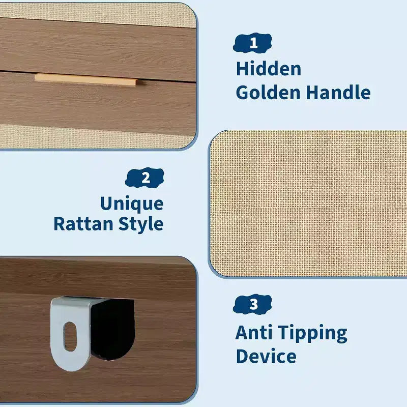 Comò Boho a 5 cassetti in rattan per camera da letto, cassettiera grande in legno, armadio contenitore per vestiti, organizer comodino per corridoio, soggiorno