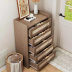 Comò Boho a 5 cassetti in rattan per camera da letto, cassettiera grande in legno, armadio contenitore per vestiti, organizer comodino per corridoio, soggiorno