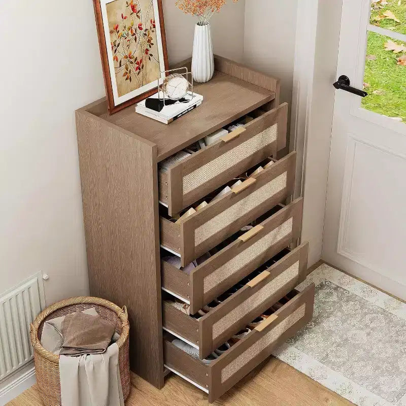 Comò Boho a 5 cassetti in rattan per camera da letto, cassettiera grande in legno, armadio contenitore per vestiti, organizer comodino per corridoio, soggiorno