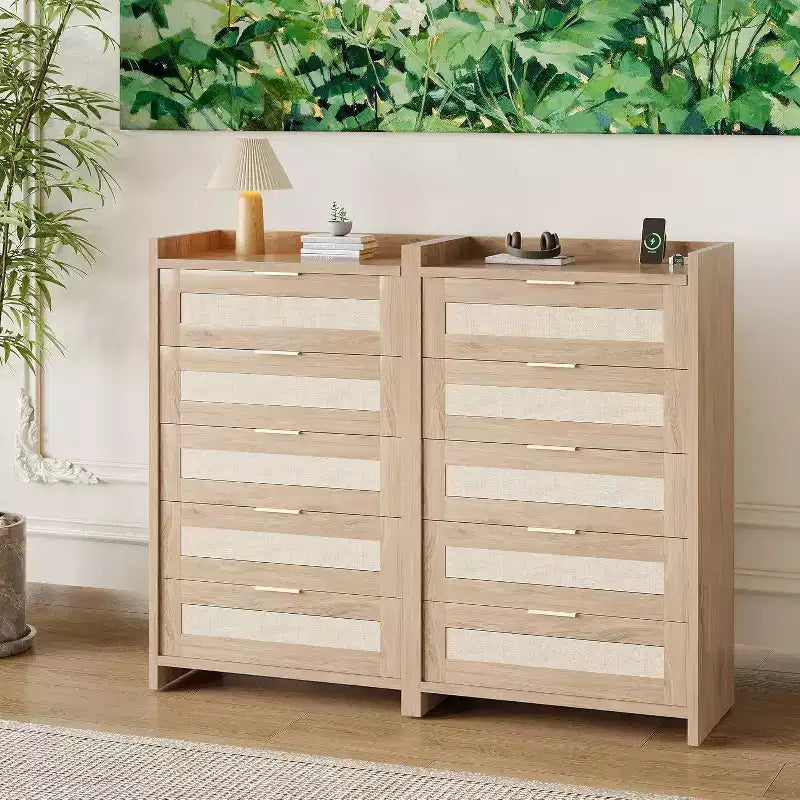 Comò Boho a 5 cassetti in rattan per camera da letto, cassettiera grande in legno, armadio contenitore per vestiti, organizer comodino per corridoio, soggiorno