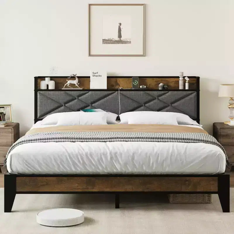 King Bed Frame with Headboard, Vintage Platform Bed with Charging Station & Storage Shelf, No Box Spring Needed, Grey & Brown