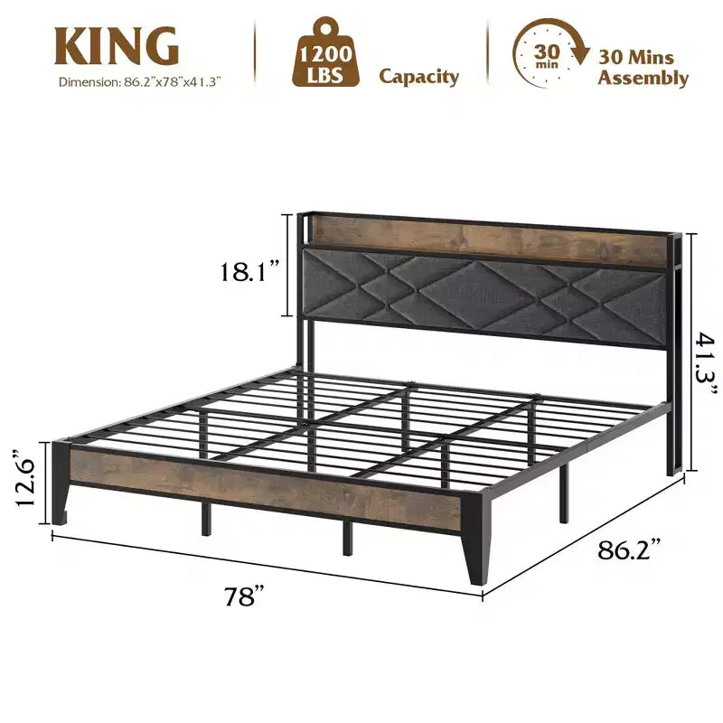 Struttura Letto Matrimoniale King con Testiera, Letto a Piattaforma Vintage con Stazione di Ricarica e Ripiano Portaoggetti, Nessuna Rete a Molle Necessaria, Grigio e Marrone