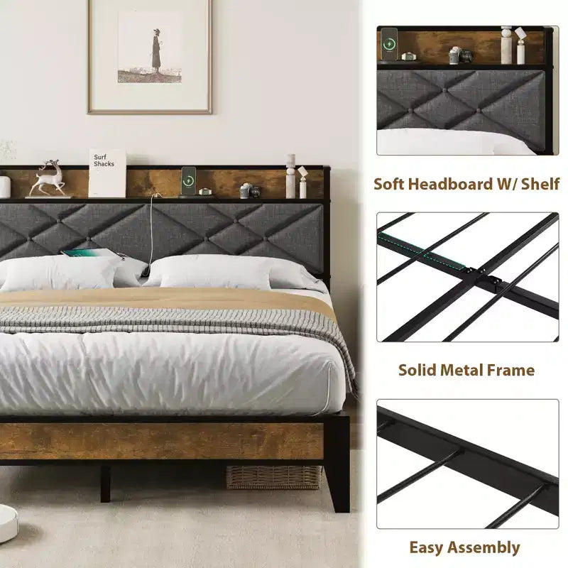Struttura Letto Matrimoniale King con Testiera, Letto a Piattaforma Vintage con Stazione di Ricarica e Ripiano Portaoggetti, Nessuna Rete a Molle Necessaria, Grigio e Marrone