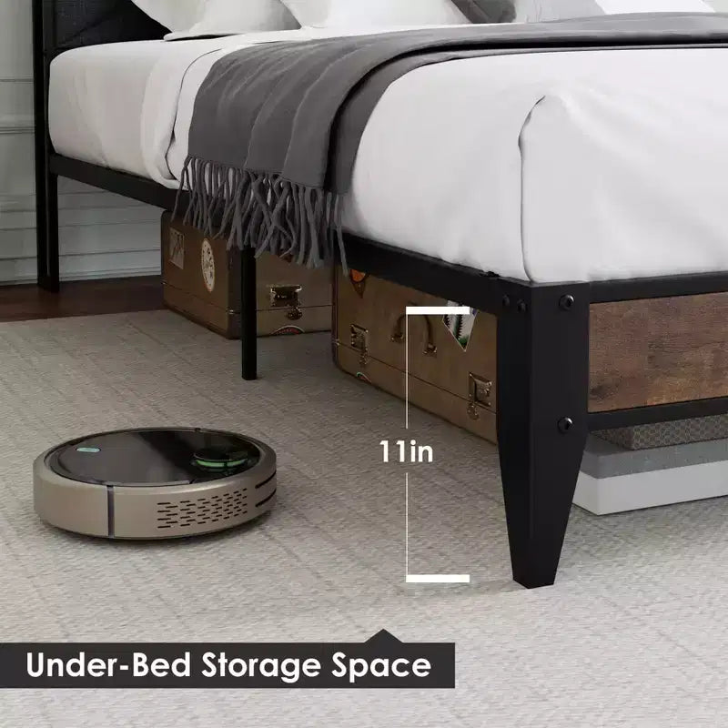 Struttura Letto Matrimoniale King con Testiera, Letto a Piattaforma Vintage con Stazione di Ricarica e Ripiano Portaoggetti, Nessuna Rete a Molle Necessaria, Grigio e Marrone