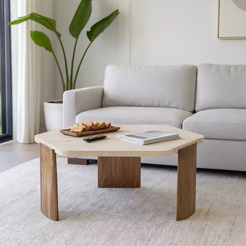 Tavolino da caffè design ottagonale elegante in pietra e legno di mango, stile moderno glamour per casa, ufficio, camera da letto e soggiorno - 17 marrone