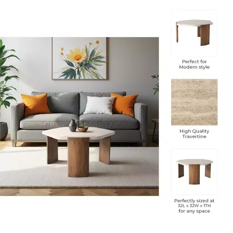 Tavolino da caffè design ottagonale elegante in pietra e legno di mango, stile moderno glamour per casa, ufficio, camera da letto e soggiorno - 17 marrone