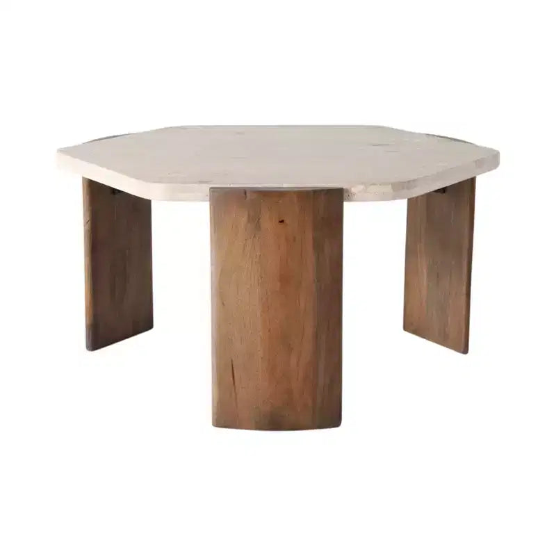 Tavolino da caffè design ottagonale elegante in pietra e legno di mango, stile moderno glamour per casa, ufficio, camera da letto e soggiorno - 17 marrone