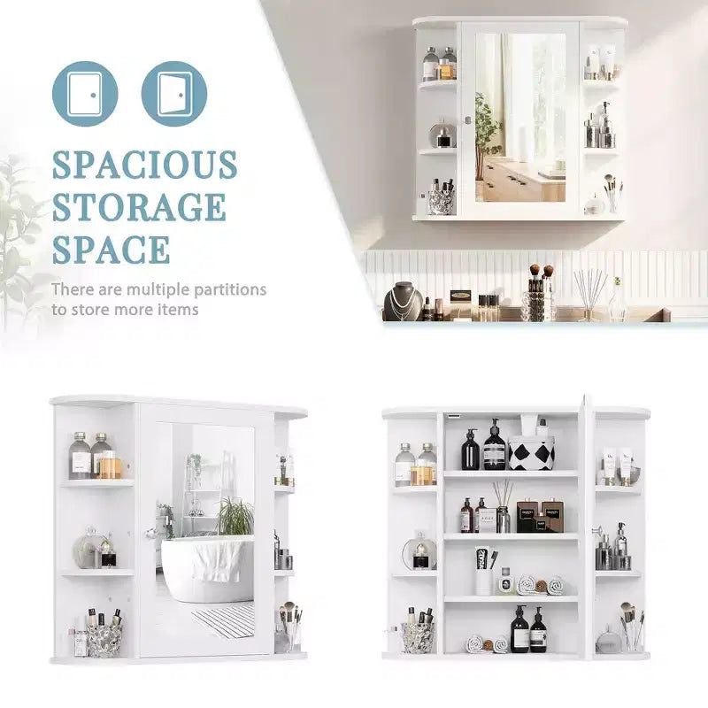 Mobiletto a specchio per bagno a parete, armadietto da bagno a parete con specchio e 6 ripiani aperti