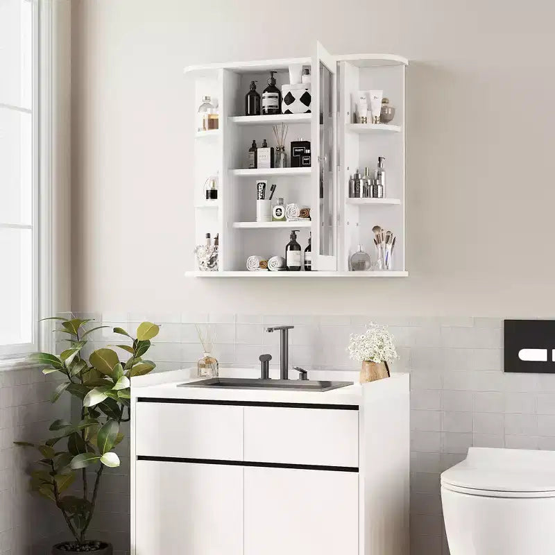 Mobiletto a specchio per bagno a parete, armadietto da bagno a parete con specchio e 6 ripiani aperti