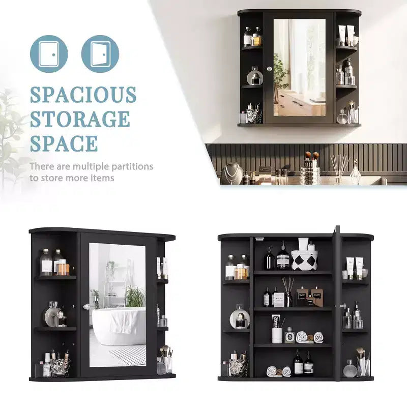 Mobiletto a specchio per bagno a parete, armadietto da bagno a parete con specchio e 6 ripiani aperti