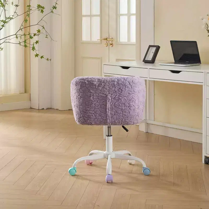 Sedia da Ufficio in Pelliccia Sintetica di Coniglio - Base in Metallo, Girevole Regolabile, Sedia da Toilette, Viola