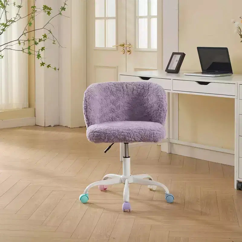 Sedia da Ufficio in Pelliccia Sintetica di Coniglio - Base in Metallo, Girevole Regolabile, Sedia da Toilette, Viola