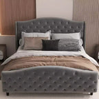 Struttura letto matrimoniale Queen con testiera e pediera, letto a piattaforma imbottito in velluto con alette, nessuna necessità di rete a doghe, capacità 800 libbre