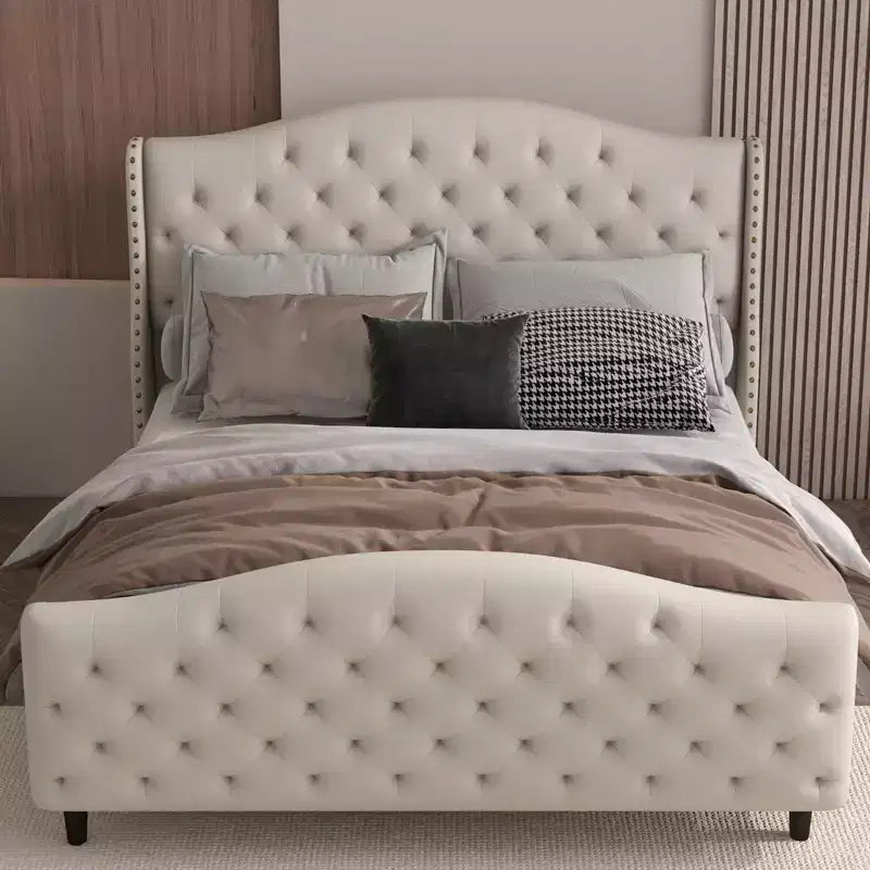 Struttura letto matrimoniale Queen con testiera e pediera, letto a piattaforma imbottito in velluto con alette, nessuna necessità di rete a doghe, capacità 800 libbre