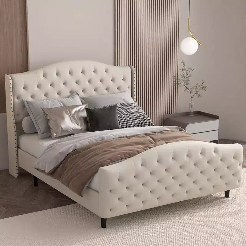Queen Bed Frame with Headboard and Footboard, Upholstered Velvet Wingback Platform Bed, No Box Spring Needed, 800LB Capacity