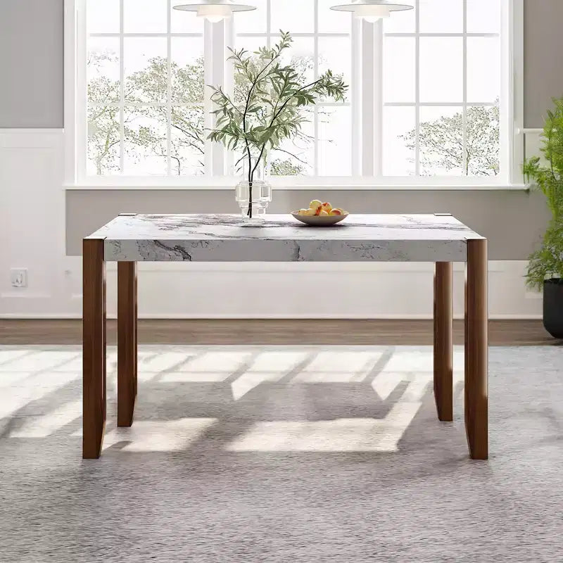 46.5 Tavolo da pranzo moderno, rettangolare in finto marmo con gambe in legno di gomma, bianco - ModernLuxe