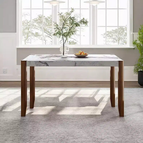 46.5 Tavolo da pranzo moderno, rettangolare in finto marmo con gambe in legno di gomma, bianco - ModernLuxe