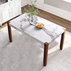 46.5 Tavolo da pranzo moderno, rettangolare in finto marmo con gambe in legno di gomma, bianco - ModernLuxe
