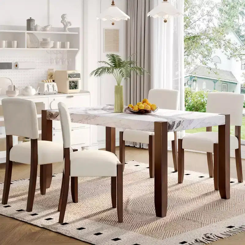 46.5 Tavolo da pranzo moderno, rettangolare in finto marmo con gambe in legno di gomma, bianco - ModernLuxe