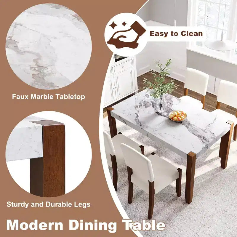 46.5 Tavolo da pranzo moderno, rettangolare in finto marmo con gambe in legno di gomma, bianco - ModernLuxe