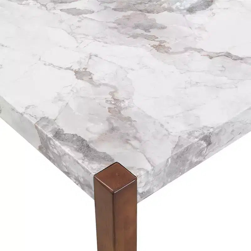 46.5 Tavolo da pranzo moderno, rettangolare in finto marmo con gambe in legno di gomma, bianco - ModernLuxe