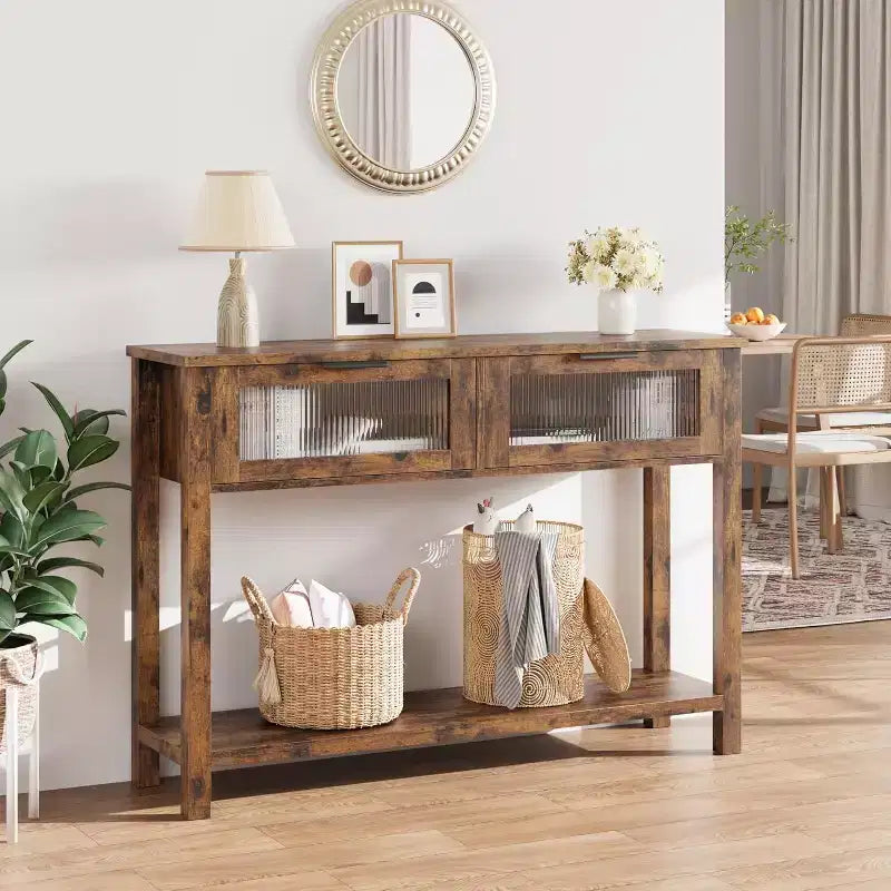 Tavolo da ingresso da 43,3'', Consolle in legno con 2 cassetti in vetro e ripiano aperto, Mobile contenitore da ingresso dietro divano, per soggiorno, corridoio