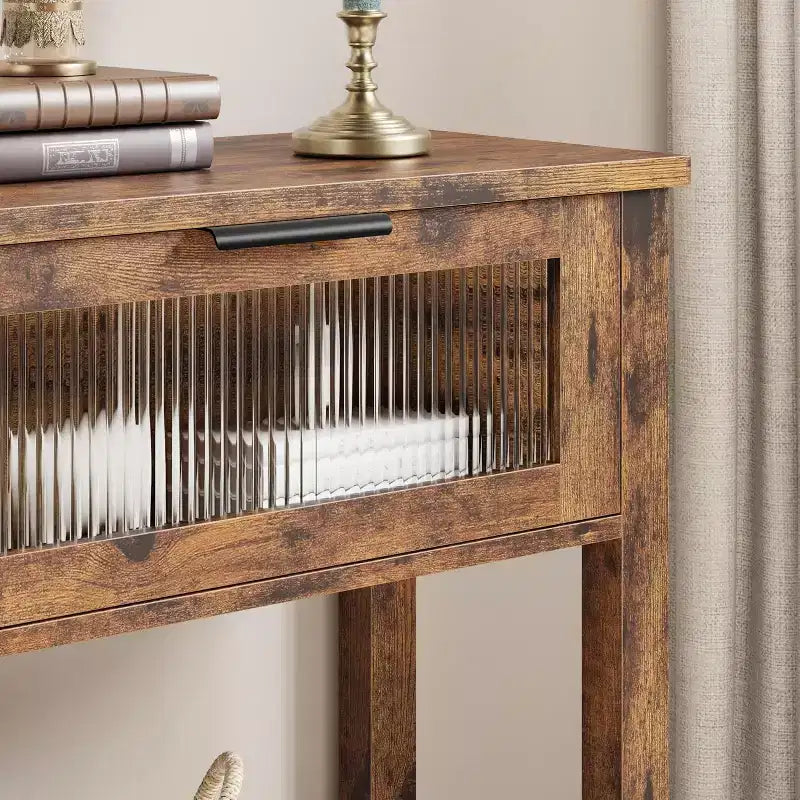 Tavolo da ingresso da 43,3'', Consolle in legno con 2 cassetti in vetro e ripiano aperto, Mobile contenitore da ingresso dietro divano, per soggiorno, corridoio