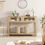Tavolo da ingresso da 43,3'', Consolle in legno con 2 cassetti in vetro e ripiano aperto, Mobile contenitore da ingresso dietro divano, per soggiorno, corridoio