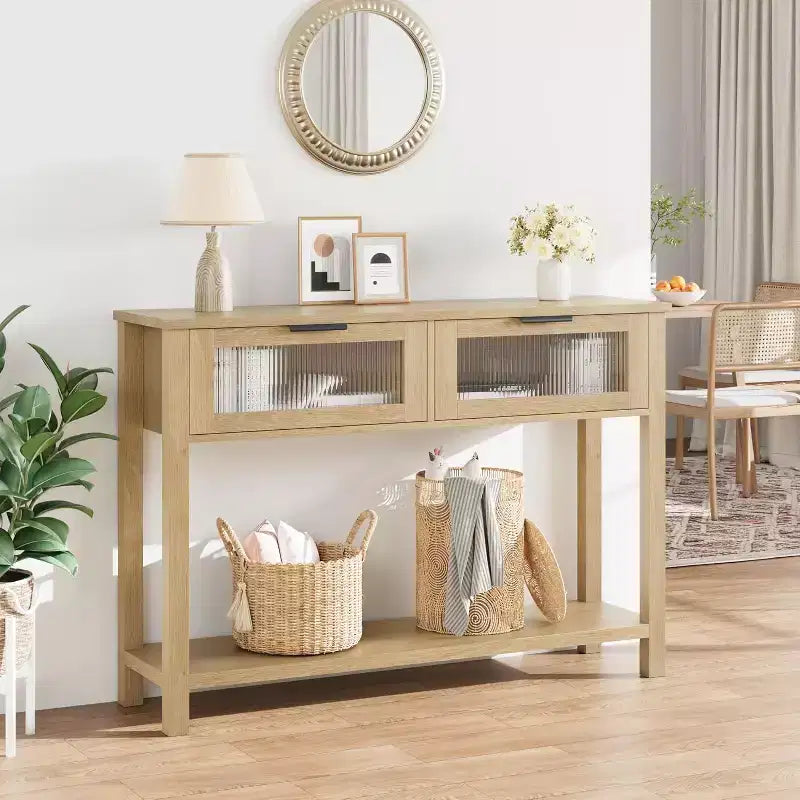 Tavolo da ingresso da 43,3'', Consolle in legno con 2 cassetti in vetro e ripiano aperto, Mobile contenitore da ingresso dietro divano, per soggiorno, corridoio
