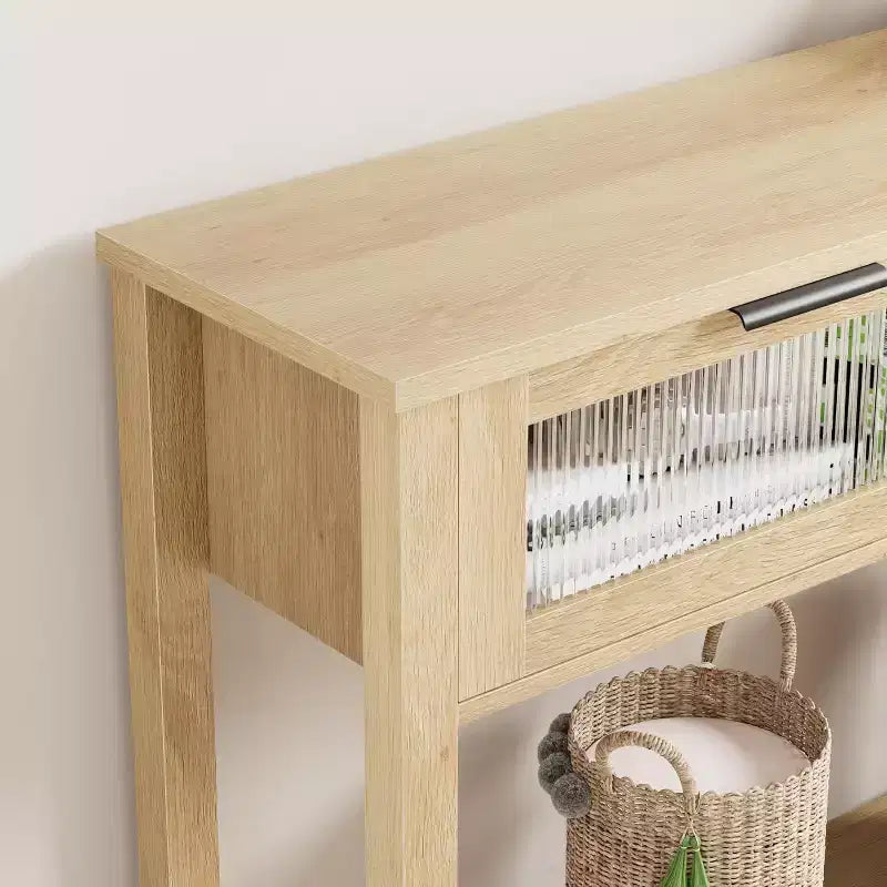 Tavolo da ingresso da 43,3'', Consolle in legno con 2 cassetti in vetro e ripiano aperto, Mobile contenitore da ingresso dietro divano, per soggiorno, corridoio