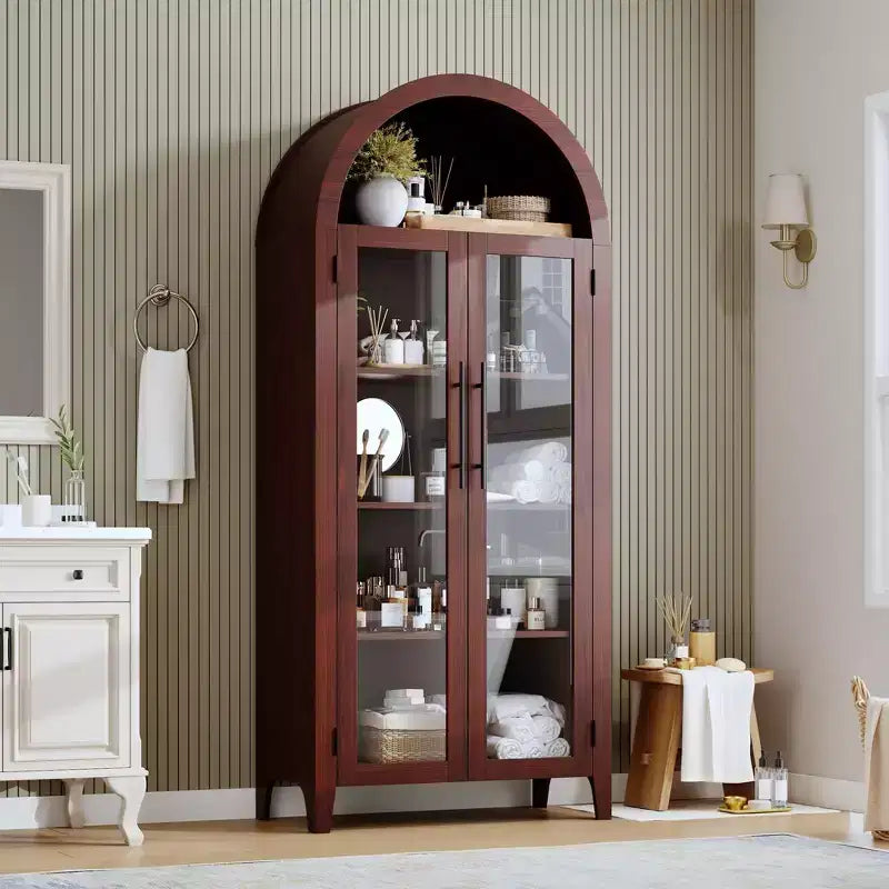 Dispensa da Cucina Ad Arco da 63,2 pollici, Scaffale a 5 Livelli con Ripiano Regolabile e 2 Grandi Ante in Vetro, per Cucina, Sala da Pranzo, Soggiorno