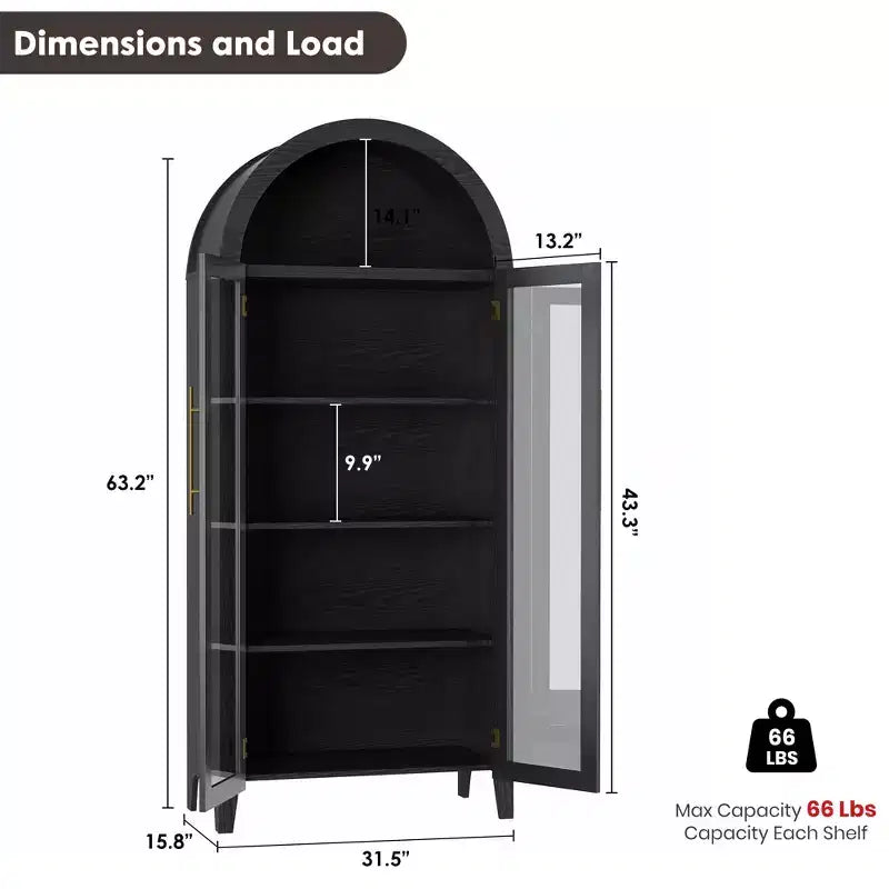 Dispensa da Cucina Ad Arco da 63,2 pollici, Scaffale a 5 Livelli con Ripiano Regolabile e 2 Grandi Ante in Vetro, per Cucina, Sala da Pranzo, Soggiorno