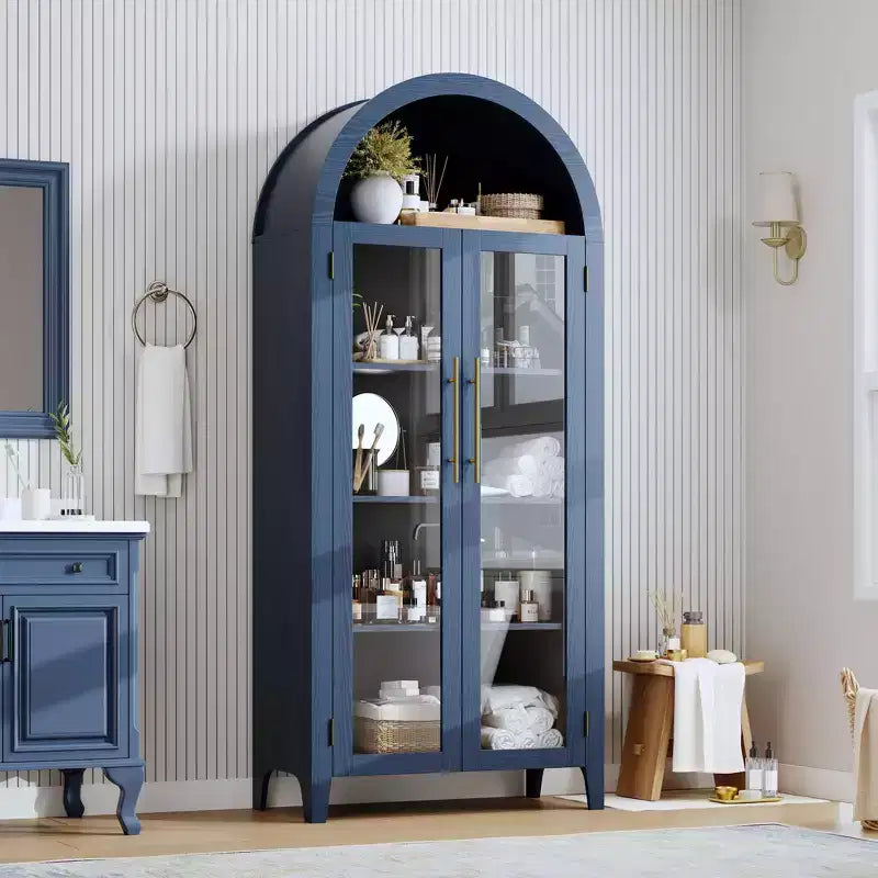 Dispensa da Cucina Ad Arco da 63,2 pollici, Scaffale a 5 Livelli con Ripiano Regolabile e 2 Grandi Ante in Vetro, per Cucina, Sala da Pranzo, Soggiorno