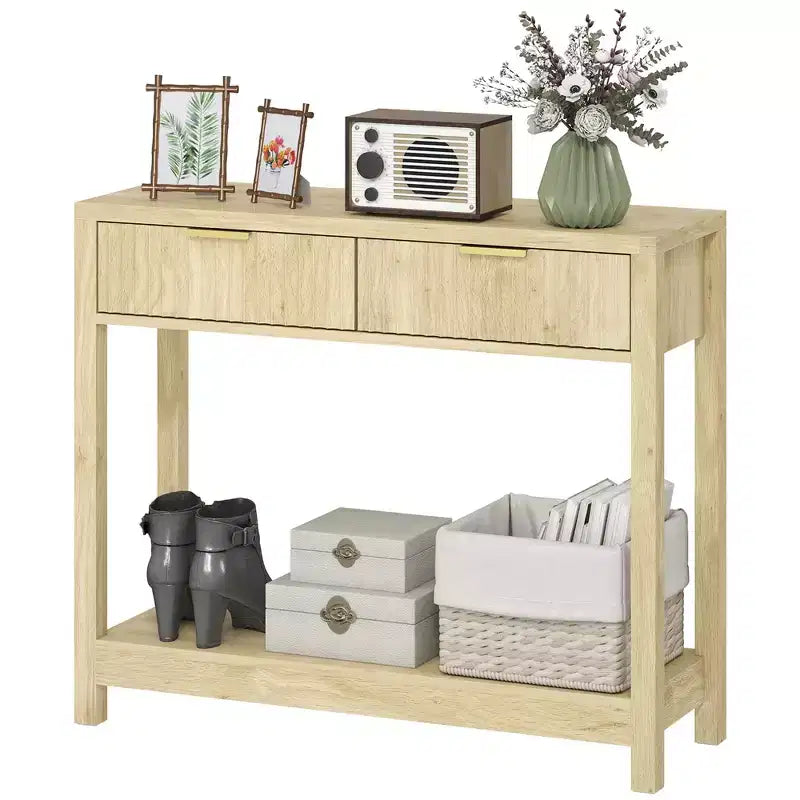 Consolle moderna da 35" con cassetti a pannelli scanalati e ripiano, per soggiorno, in colore naturale
