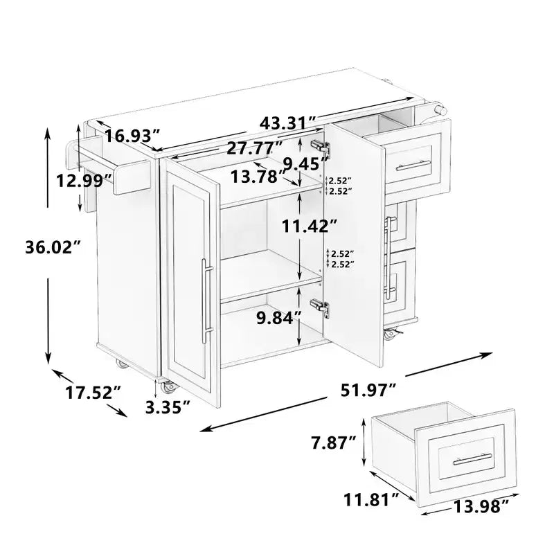 Isola da Cucina con Piano a Ribalta e Cassetti, Carrello da Cucina Mobile con Ripiani, Credenza Pieghevole da Pranzo